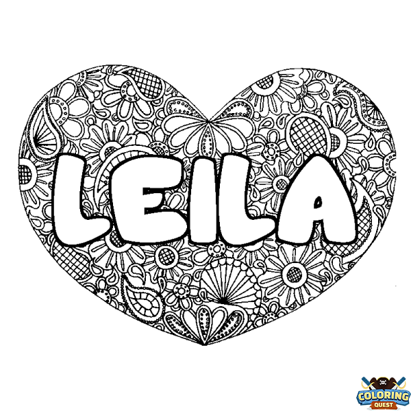 Coloring page first name LEILA - Heart mandala background