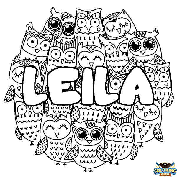 Coloring page first name LEILA - Owls background