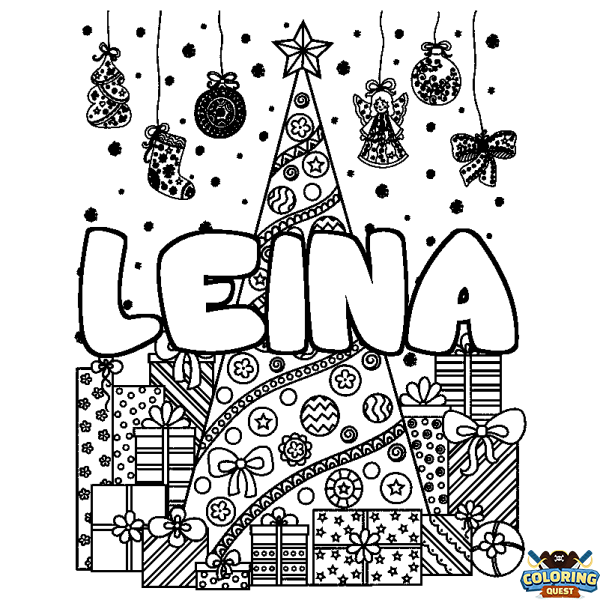 Coloring page first name LEINA - Christmas tree and presents background