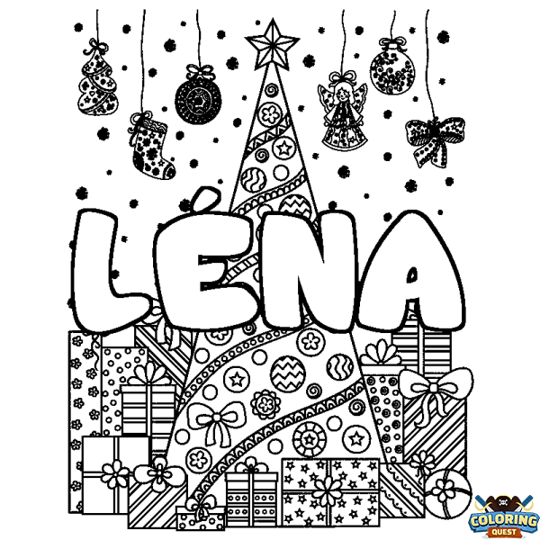 Coloring page first name L&Eacute;NA - Christmas tree and presents background