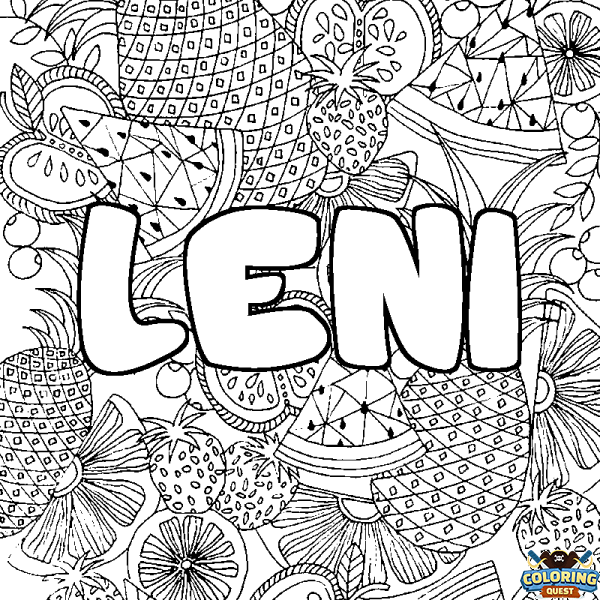 Coloring page first name LENI - Fruits mandala background