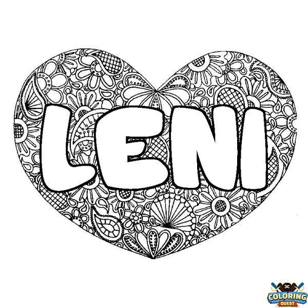 Coloring page first name LENI - Heart mandala background