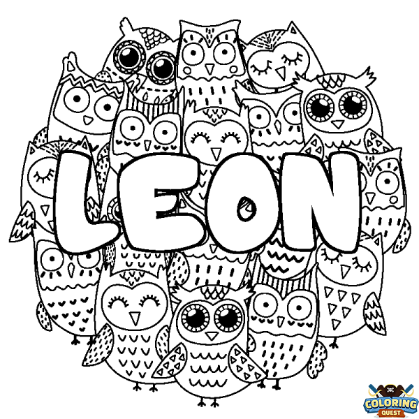 Coloring page first name LEON - Owls background