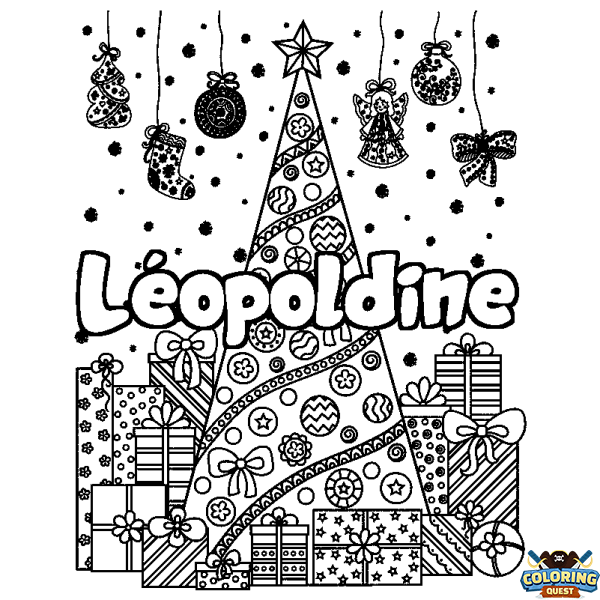 Coloring page first name L&eacute;opoldine - Christmas tree and presents background