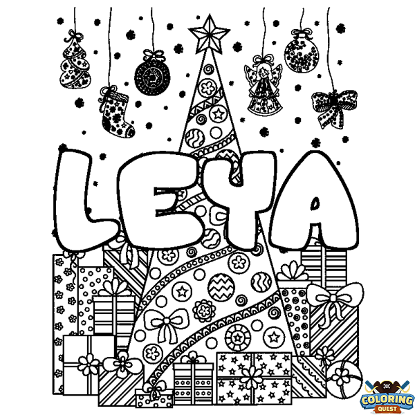 Coloring page first name LEYA - Christmas tree and presents background