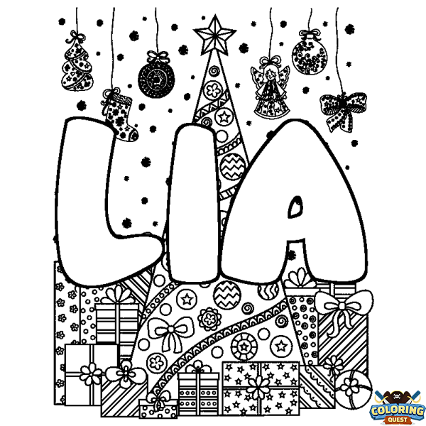 Coloring page first name LIA - Christmas tree and presents background