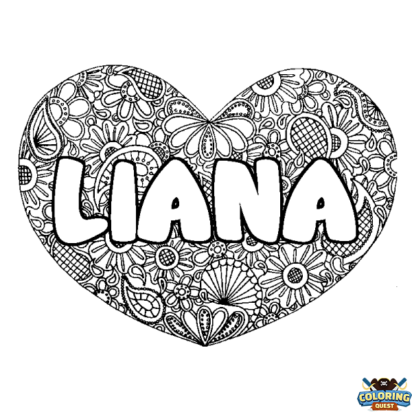 Coloring page first name LIANA - Heart mandala background