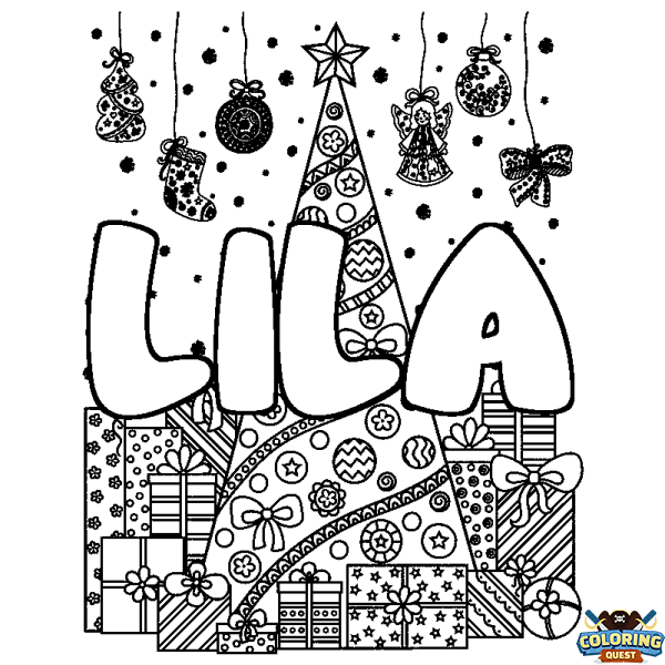 Coloring page first name LILA - Christmas tree and presents background