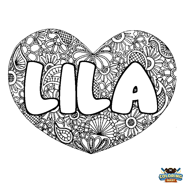 Coloring page first name LILA - Heart mandala background