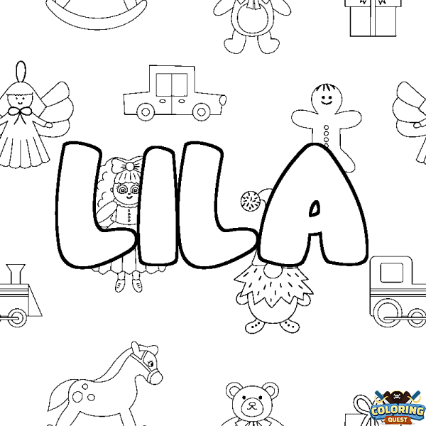 Coloring page first name LILA - Toys background