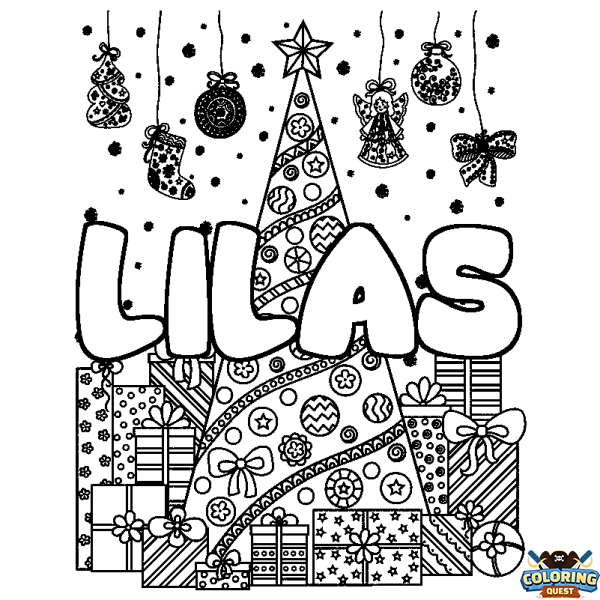 Coloring page first name LILAS - Christmas tree and presents background