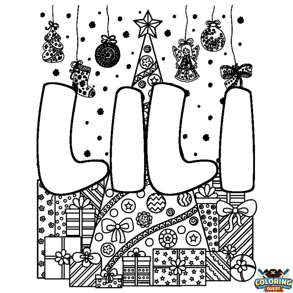 Coloring page first name LILI - Christmas tree and presents background