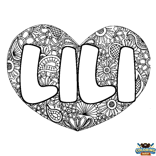 Coloring page first name LILI - Heart mandala background