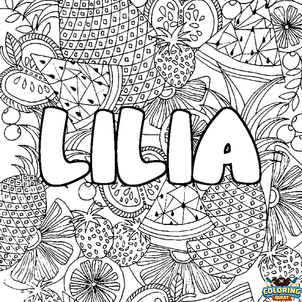 Coloring page first name LILIA - Fruits mandala background