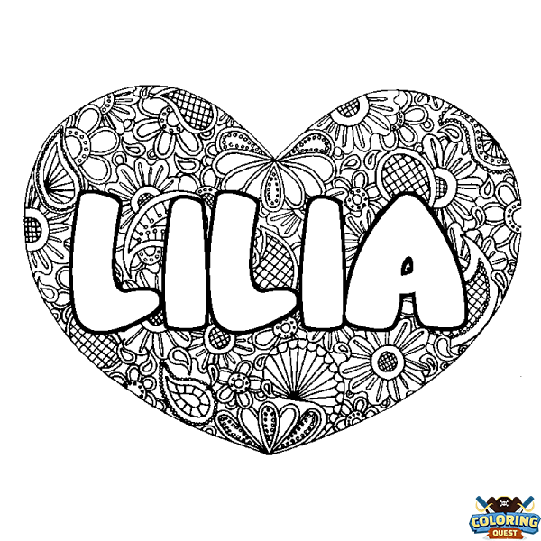 Coloring page first name LILIA - Heart mandala background