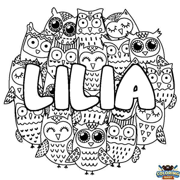 Coloring page first name LILIA - Owls background