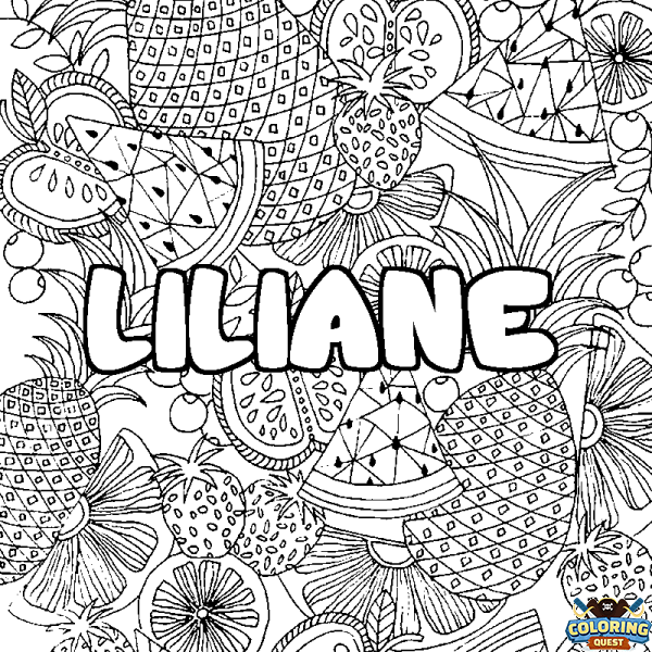 Coloring page first name LILIANE - Fruits mandala background