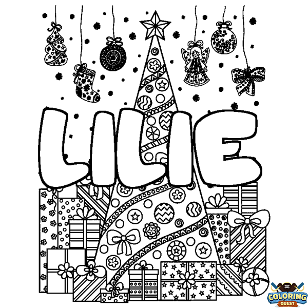 Coloring page first name LILIE - Christmas tree and presents background