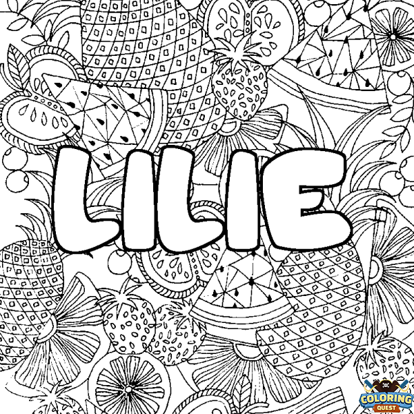 Coloring page first name LILIE - Fruits mandala background