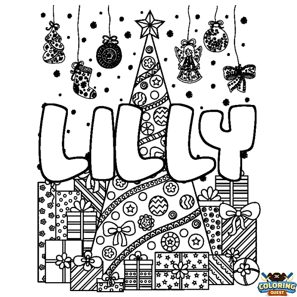 Coloring page first name LILLY - Christmas tree and presents background