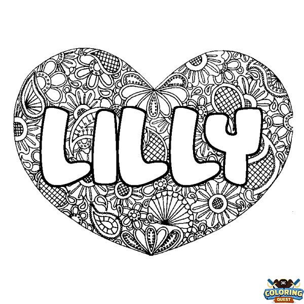 Coloring page first name LILLY - Heart mandala background