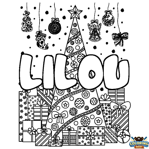 Coloring page first name LILOU - Christmas tree and presents background