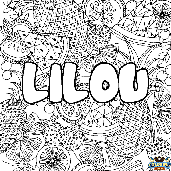 Coloring page first name LILOU - Fruits mandala background