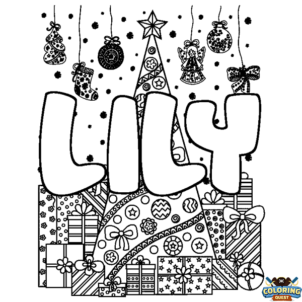 Coloring page first name LILY - Christmas tree and presents background