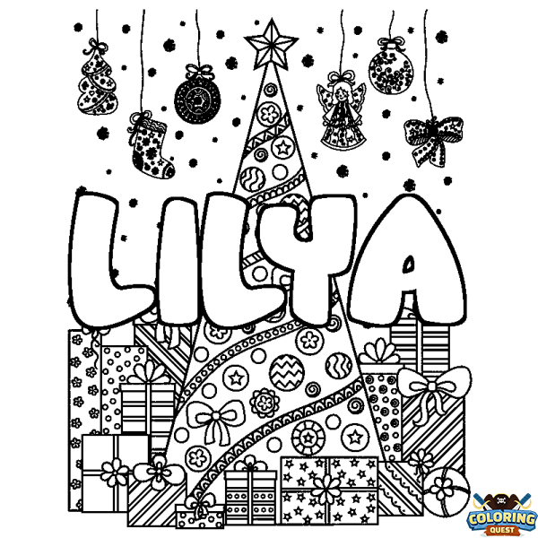 Coloring page first name LILYA - Christmas tree and presents background