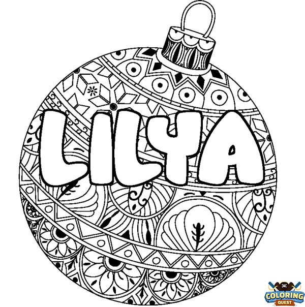 Coloring page first name LILYA - Christmas tree bulb background