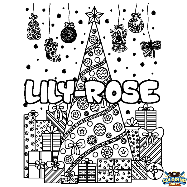 Coloring page first name LILY-ROSE - Christmas tree and presents background