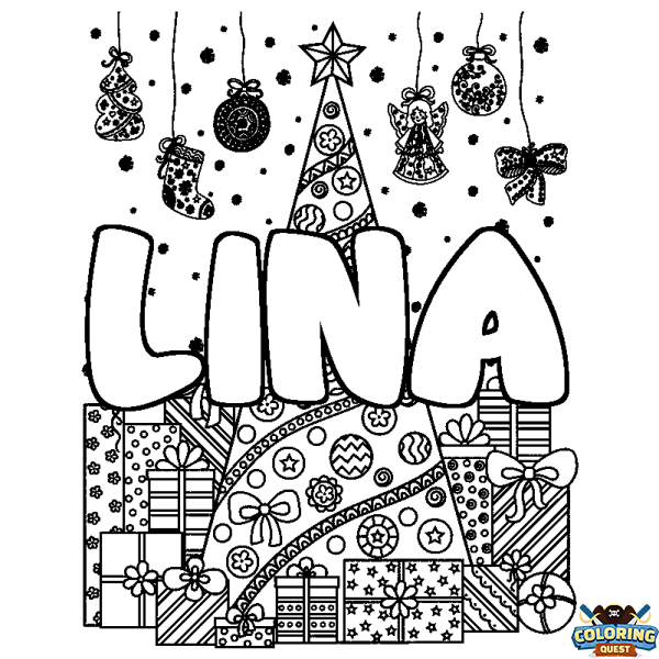 Coloring page first name LINA - Christmas tree and presents background