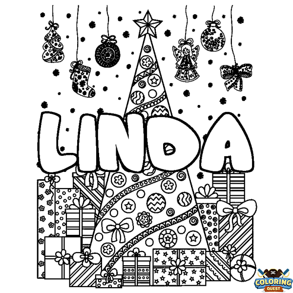 Coloring page first name LINDA - Christmas tree and presents background