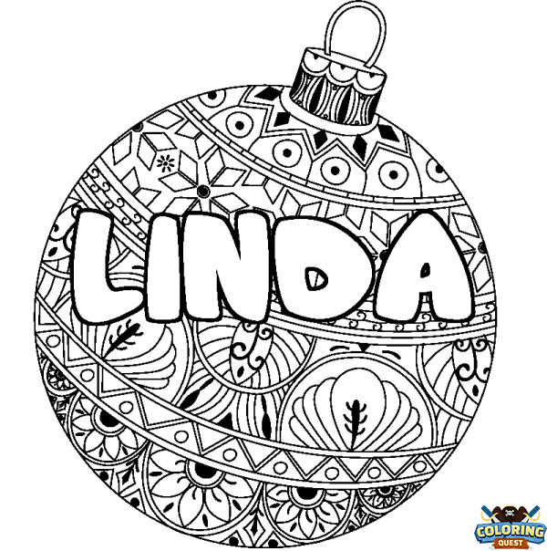 Coloring page first name LINDA - Christmas tree bulb background