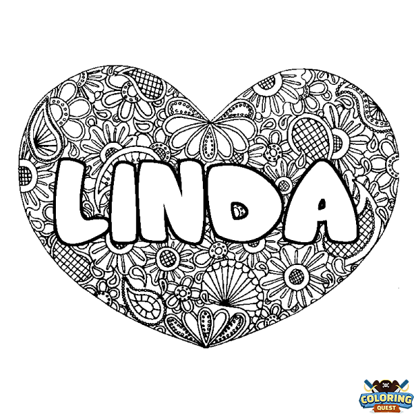 Coloring page first name LINDA - Heart mandala background