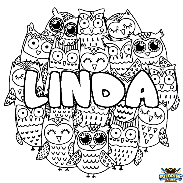 Coloring page first name LINDA - Owls background