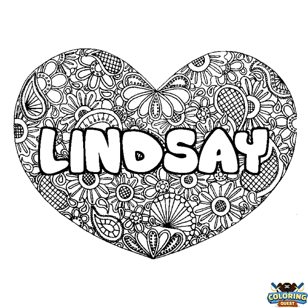 Coloring page first name LINDSAY - Heart mandala background