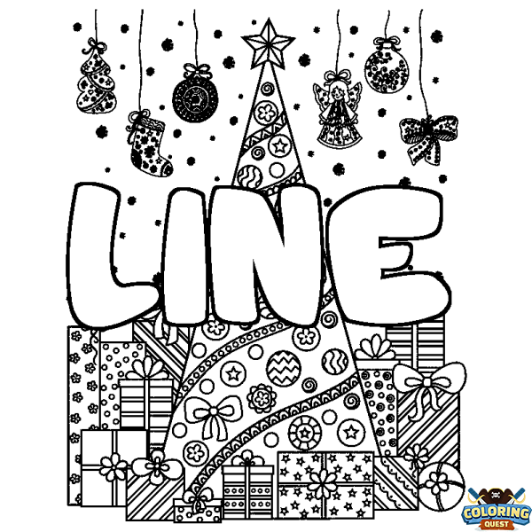 Coloring page first name LINE - Christmas tree and presents background