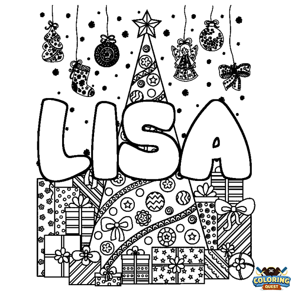 Coloring page first name LISA - Christmas tree and presents background