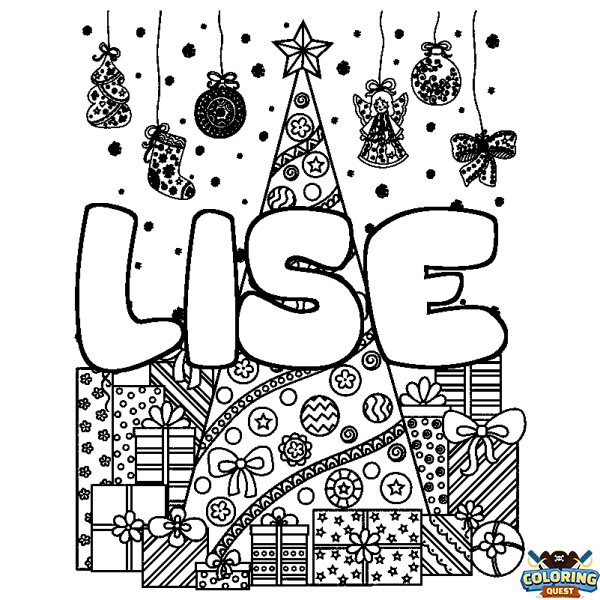 Coloring page first name LISE - Christmas tree and presents background