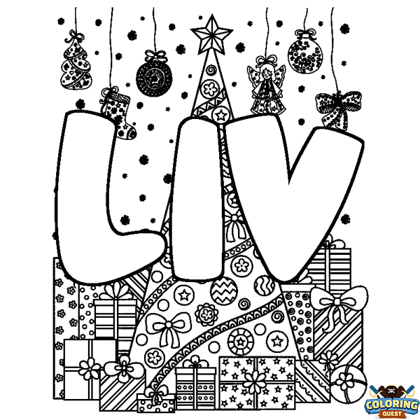 Coloring page first name LIV - Christmas tree and presents background