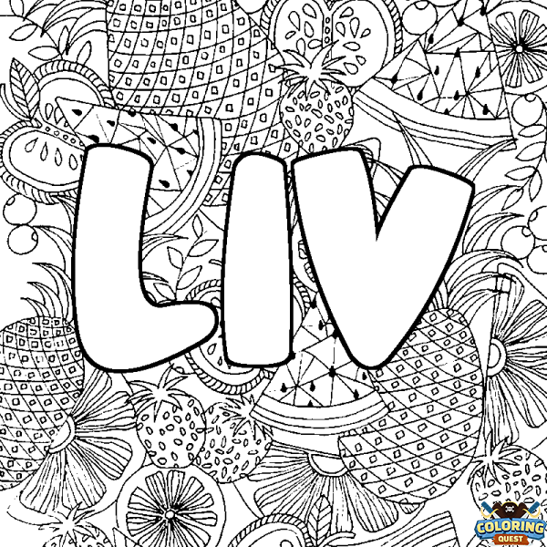 Coloring page first name LIV - Fruits mandala background