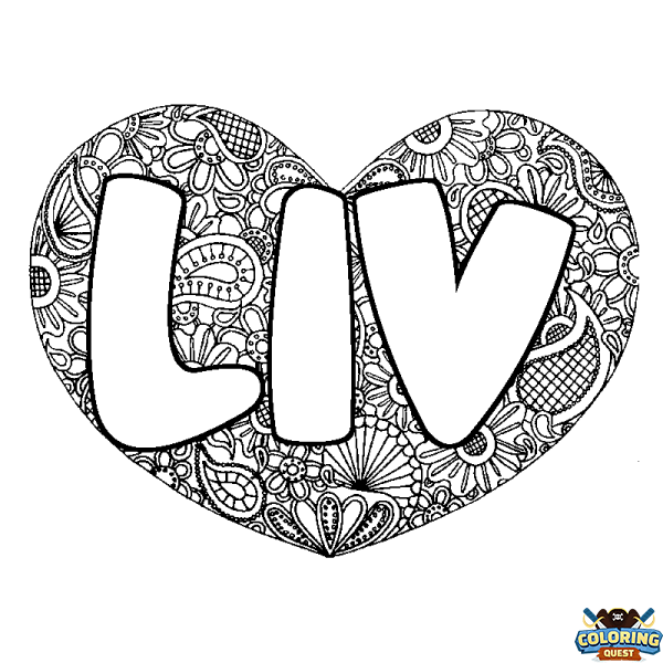 Coloring page first name LIV - Heart mandala background