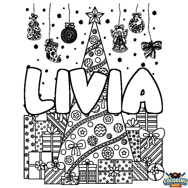 Coloring page first name LIVIA - Christmas tree and presents background