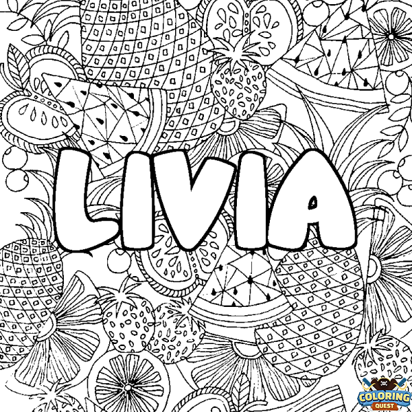 Coloring page first name LIVIA - Fruits mandala background