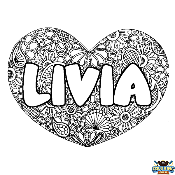 Coloring page first name LIVIA - Heart mandala background