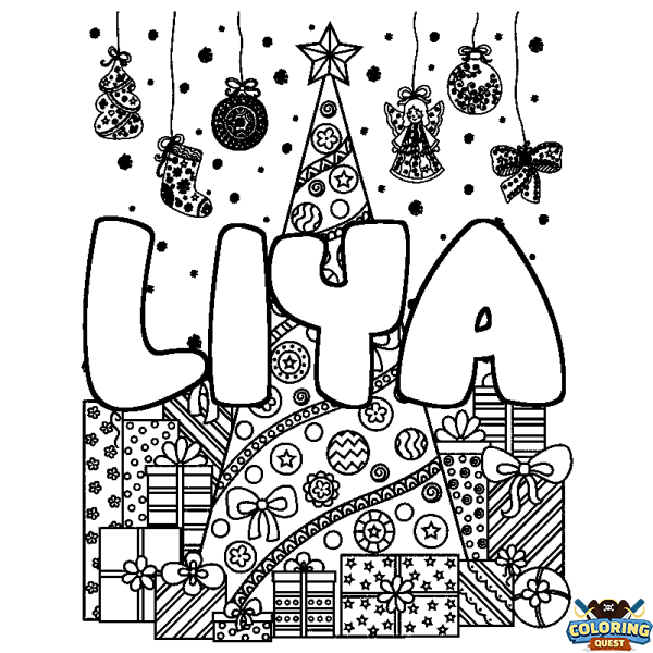 Coloring page first name LIYA - Christmas tree and presents background