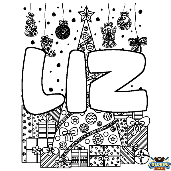 Coloring page first name LIZ - Christmas tree and presents background