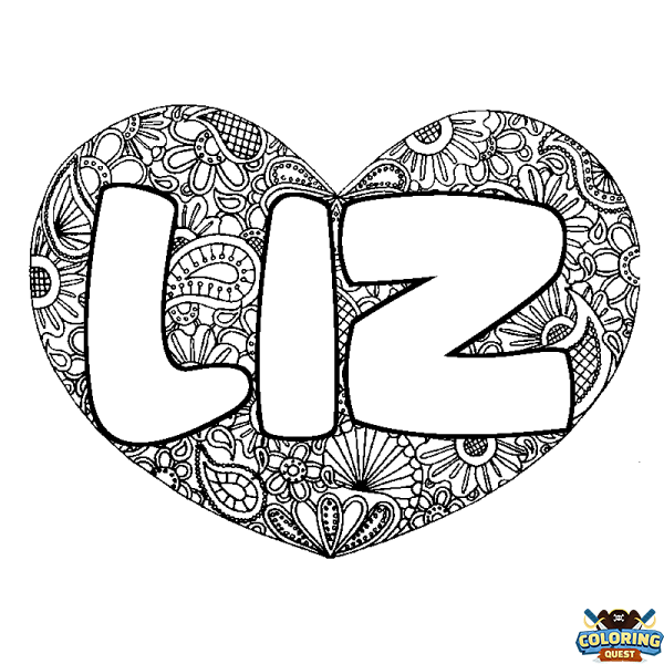 Coloring page first name LIZ - Heart mandala background