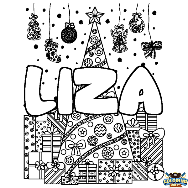 Coloring page first name LIZA - Christmas tree and presents background